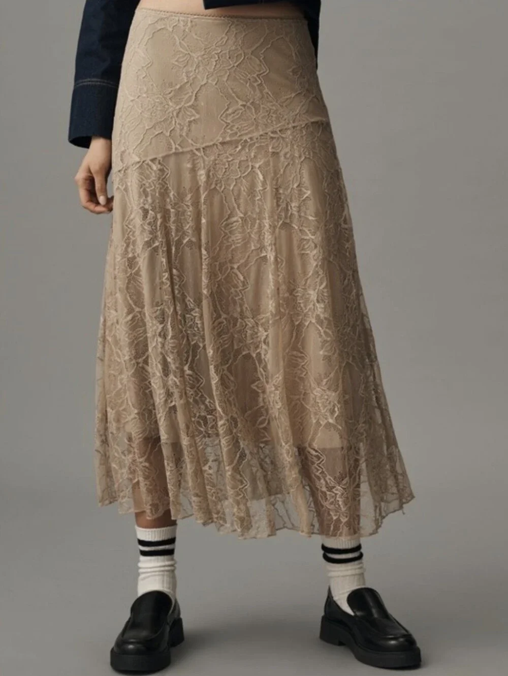 Anthropologie Asymmetric Drop-Waist Lace Midi Skirt Pull-On Taupe Size M $128